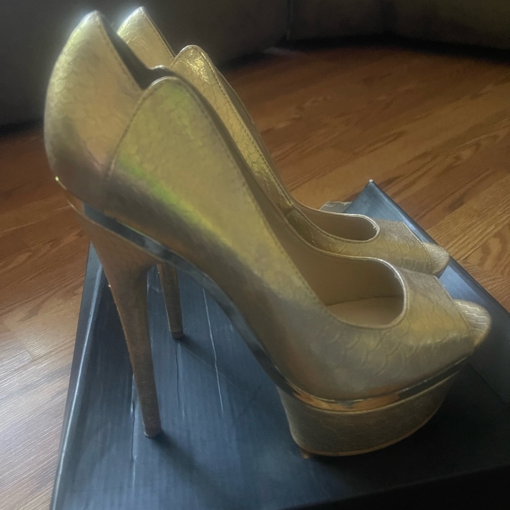 Bebe Gold High Heel Peep-Toe Pumps - Picture 7 of 8